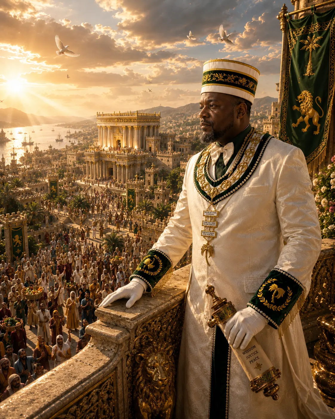 Ceremonial portrait of a Council leader overlooking a city from a palace balcony
